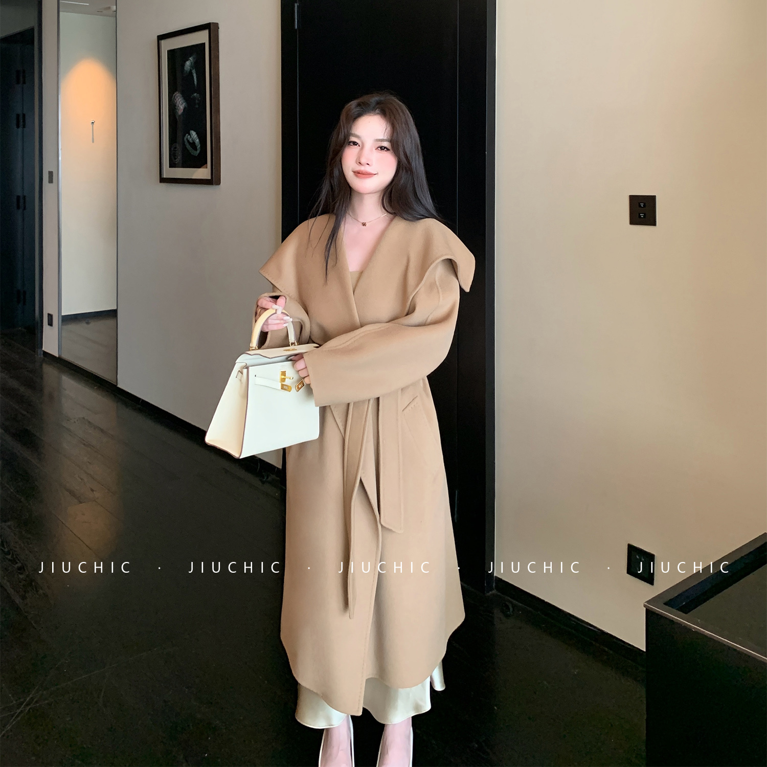 JiuChicM家Rienza大翻领双面10%羊绒大衣女羊毛呢长款冬季外套