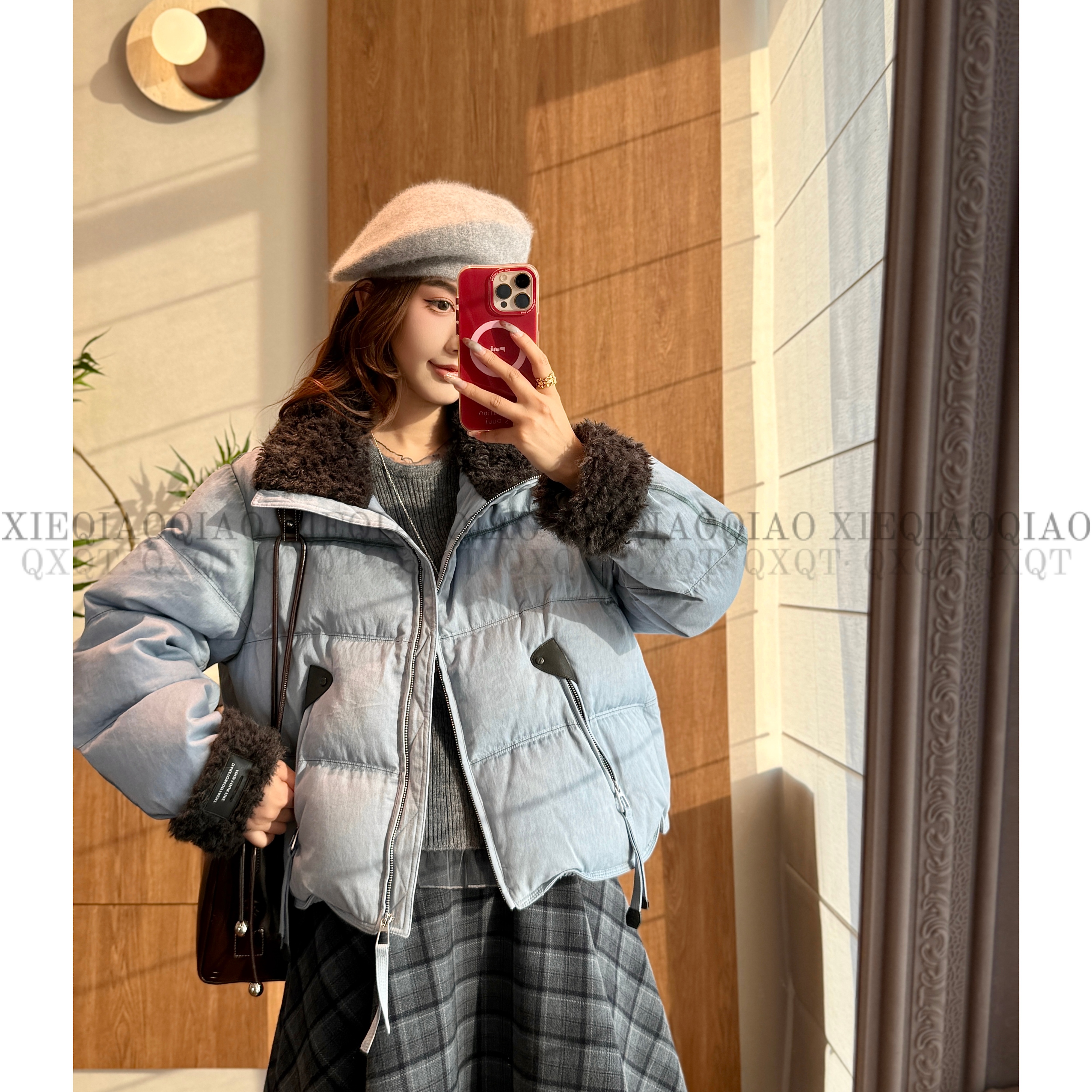 谢荞荞「淞间聆风」95白鸭绒冬季款仿羊羔毛毛领加厚款宽松羽绒外套