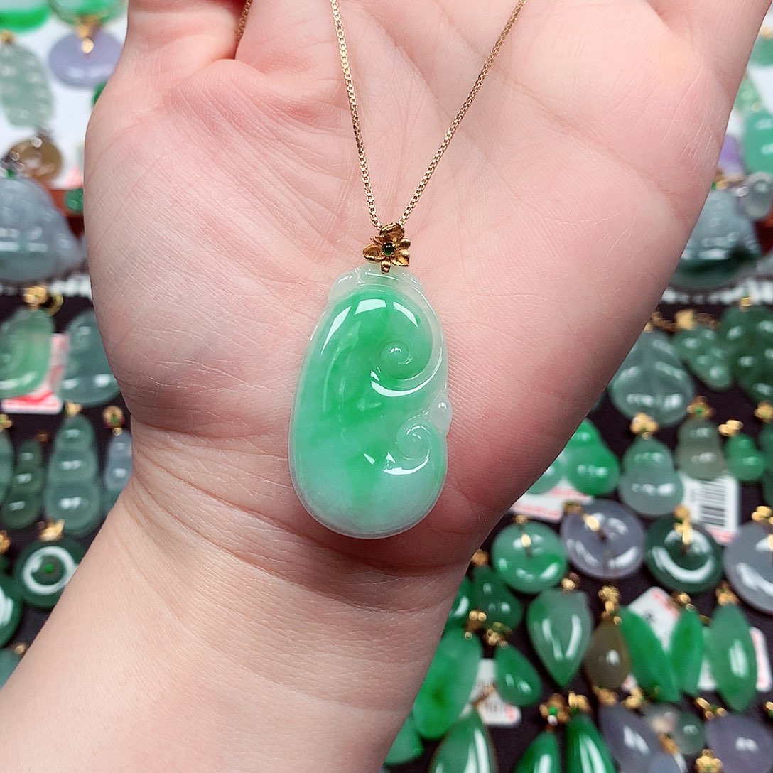 翡翠18K金镶嵌吊坠(不含链)天然翡翠A货