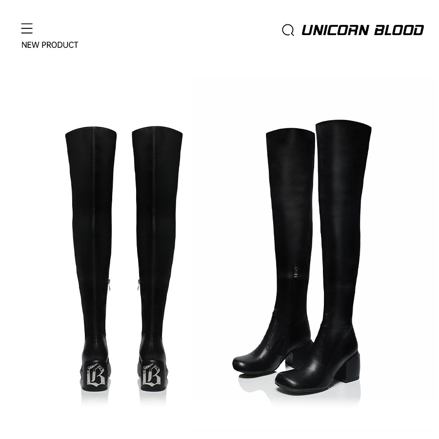 UnicornBlood 增高塑形显瘦过膝靴弹力皮小翘头舒适圆粗跟时装靴