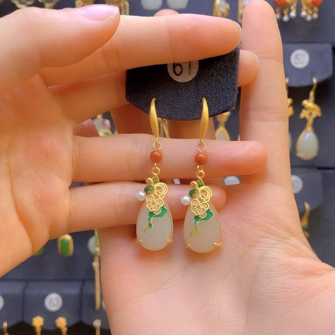 和田玉耳饰银S925镀金镶嵌