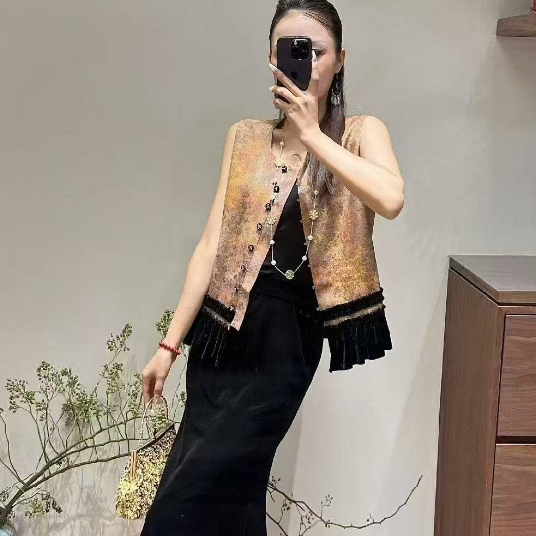 秋季嘻哈风提花拼接厚款圆领马夹流苏百搭套装日奢风