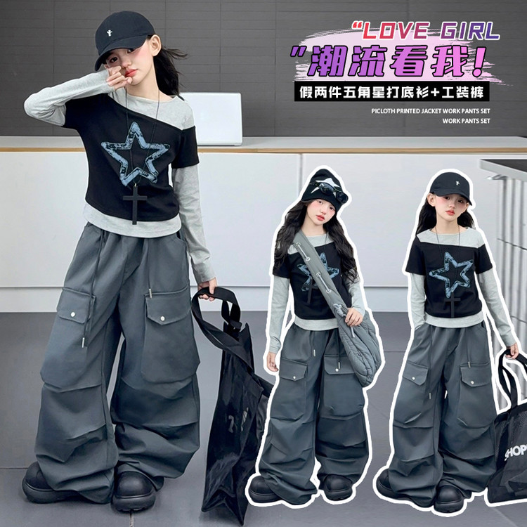 [麦哆哆」女童中大童秋季设计感假两件打底潮酷个性工装阔腿裤套装
