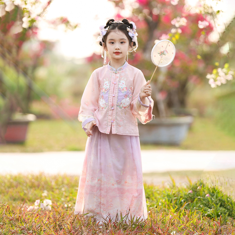 古月家.紫兔 汉服女童春秋儿童新中式中国风明制马面裙套装两件套