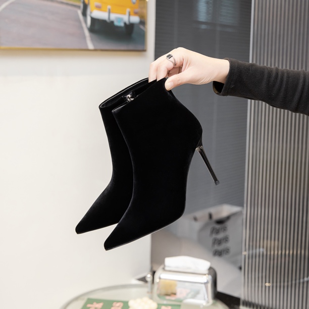 2025秋冬季短靴女细跟百搭高跟靴法式尖头靴绒面加绒瘦瘦靴6665-9