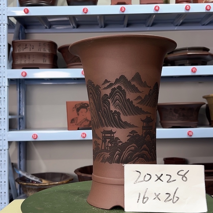 花盆紫砂刻绘山水