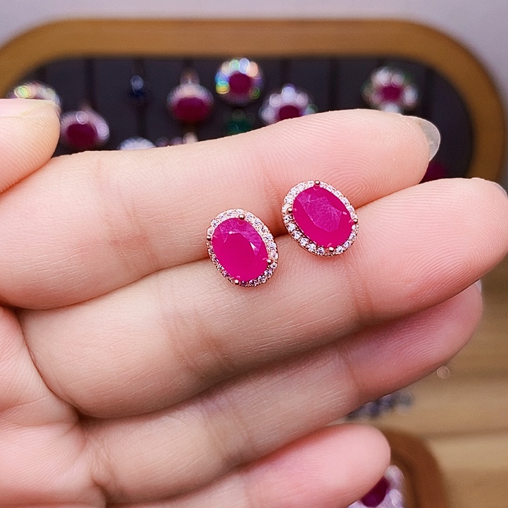 耳饰银S925镶嵌红宝石