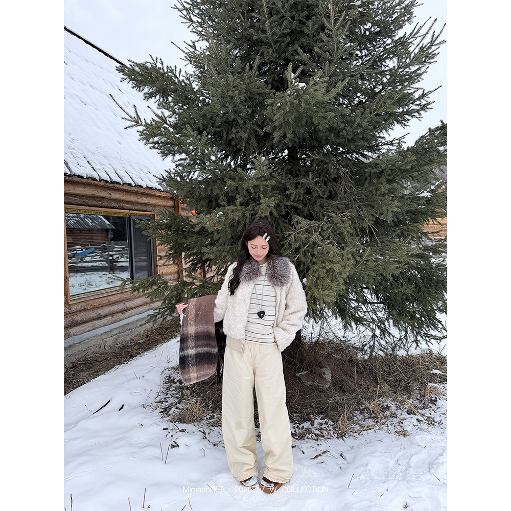 Mimmm咪子【fufu】冬季新款温暖直筒阔腿花边设计棉裤休闲裤