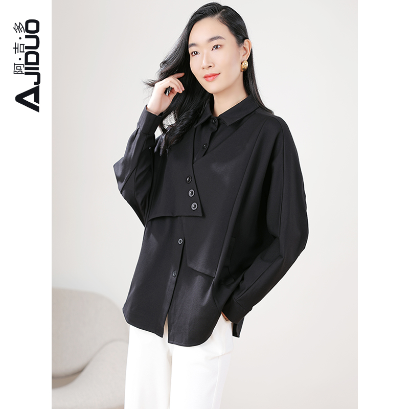 阿吉多假两件衬衫2025新款女轻奢高级感遮肚子衬衣洋气减龄上衣