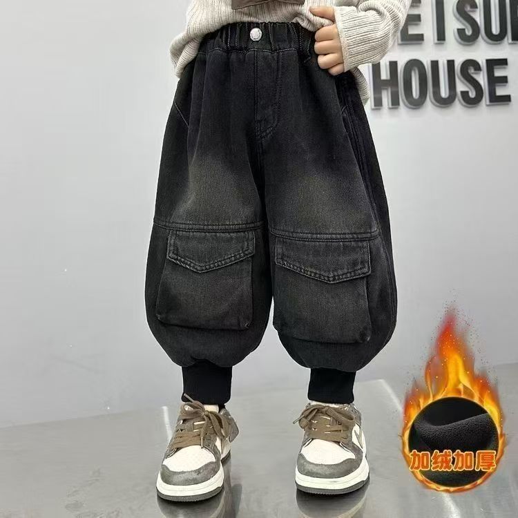 一体绒儿童加绒牛仔裤帅气秋冬季奥粒绒灯笼裤大口袋洋气百搭耐磨