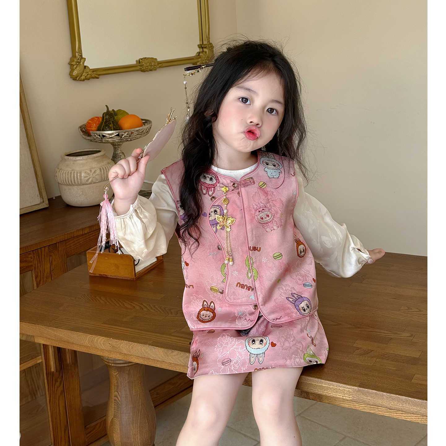 汉服女童拉布布改良马甲半身裙秋装儿童小女孩粉色新中式坎肩国风