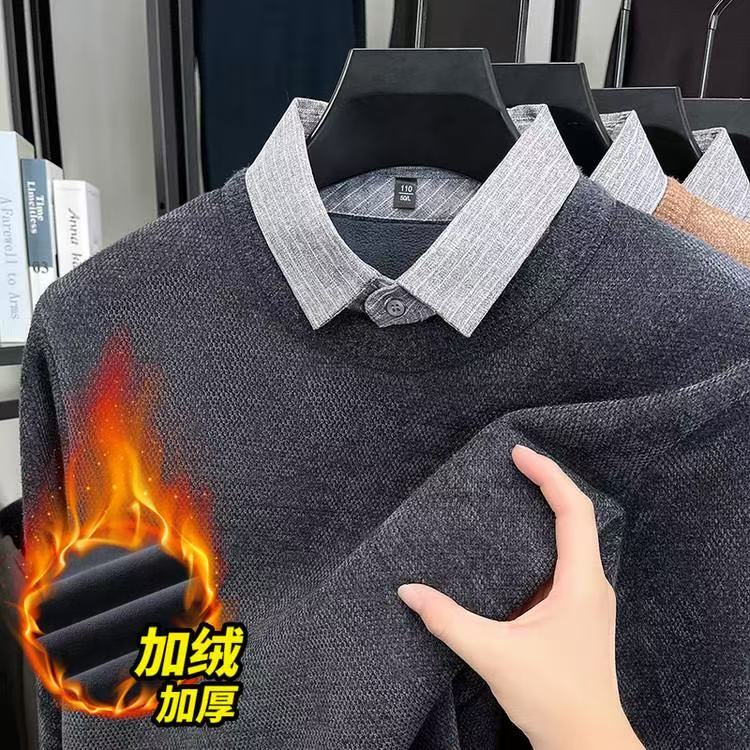【一体绒】冬季加绒加厚保暖针织衫男士衬衣领圆领假两件雪貂款