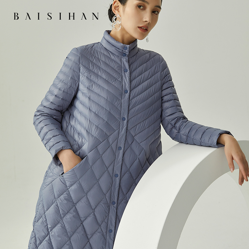 86311【大朵95白鹅绒】羽绒服女长款立领修身时尚A型纯色鹅绒服