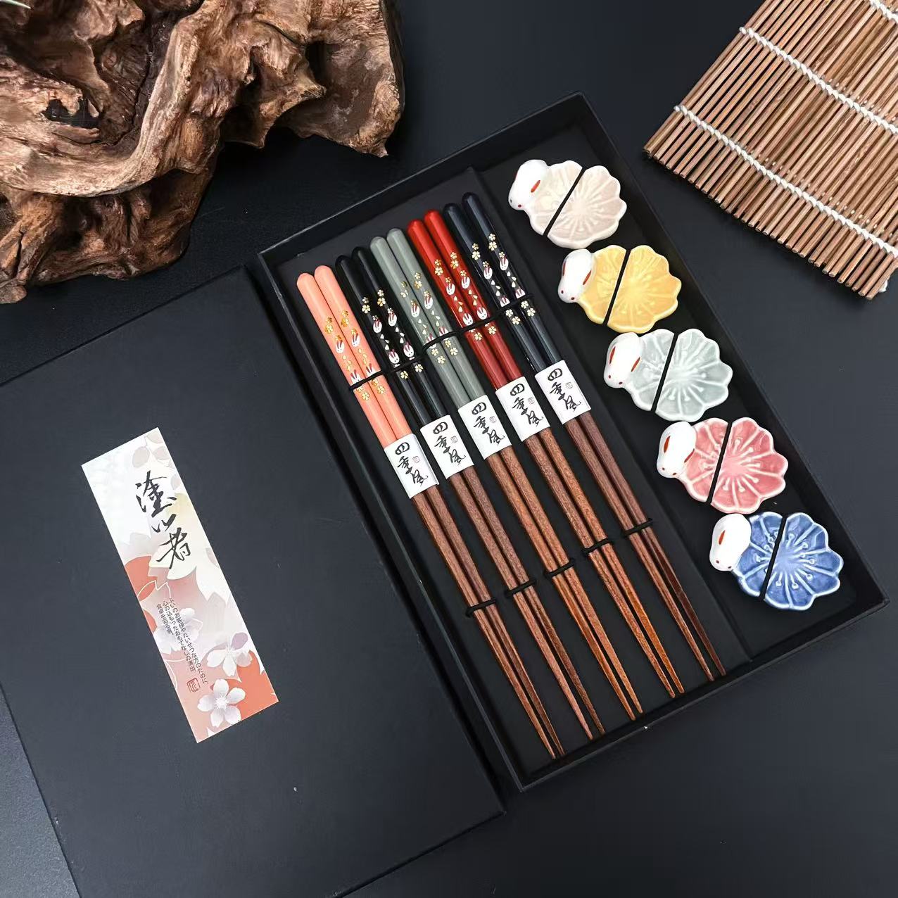 【五色磨头金花玉兔木筷】五双装含陶瓷筷架高级感樱花兔子礼盒礼品