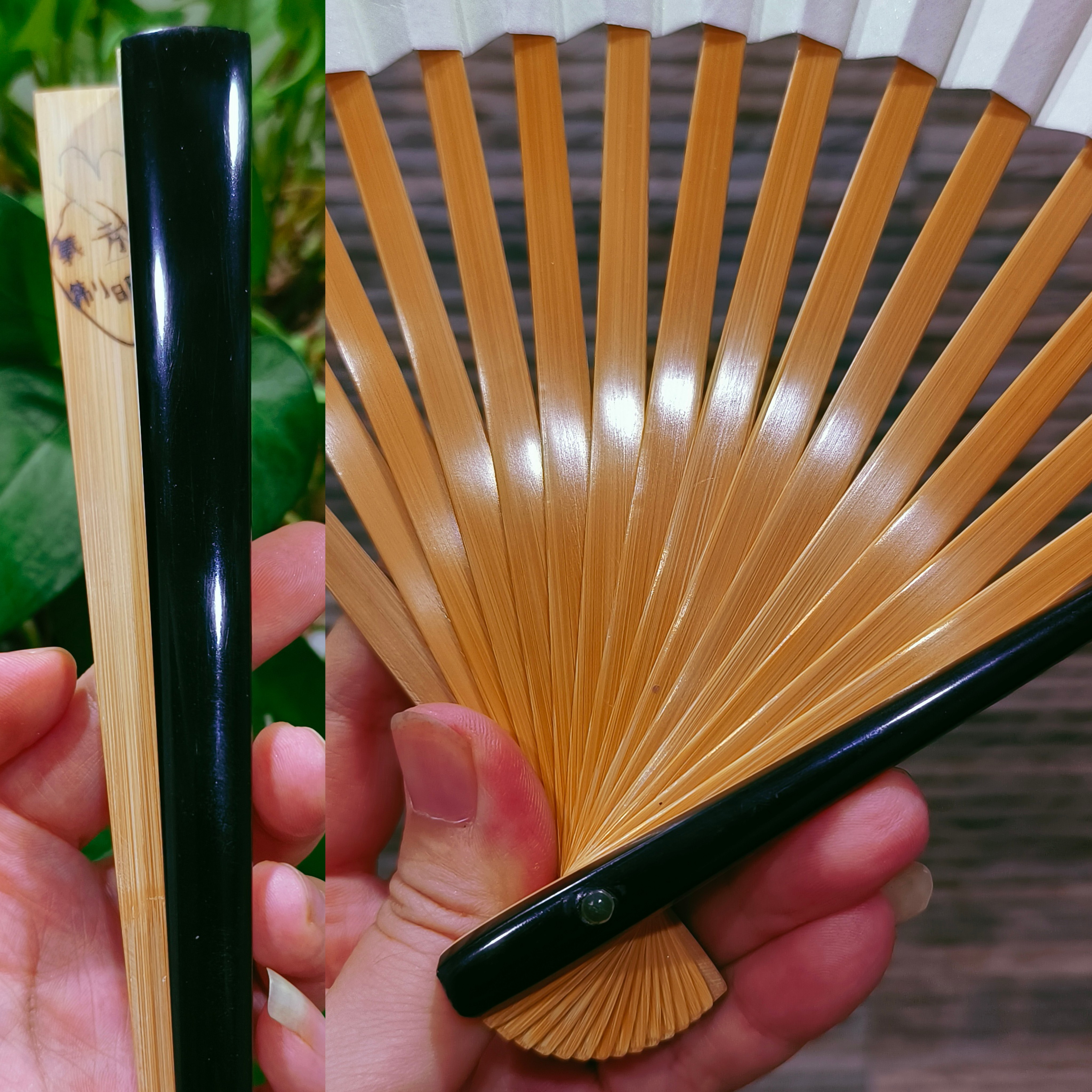 重器收藏309稀少全黑牛角文玩折扇95寸方明义制古方美人肩手工扇