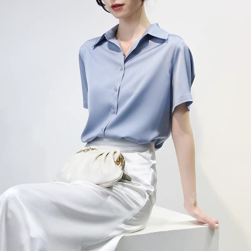 2025夏季新款缎面衬衫半袖显瘦爆款百搭品质上衣女气质衬衫短袖