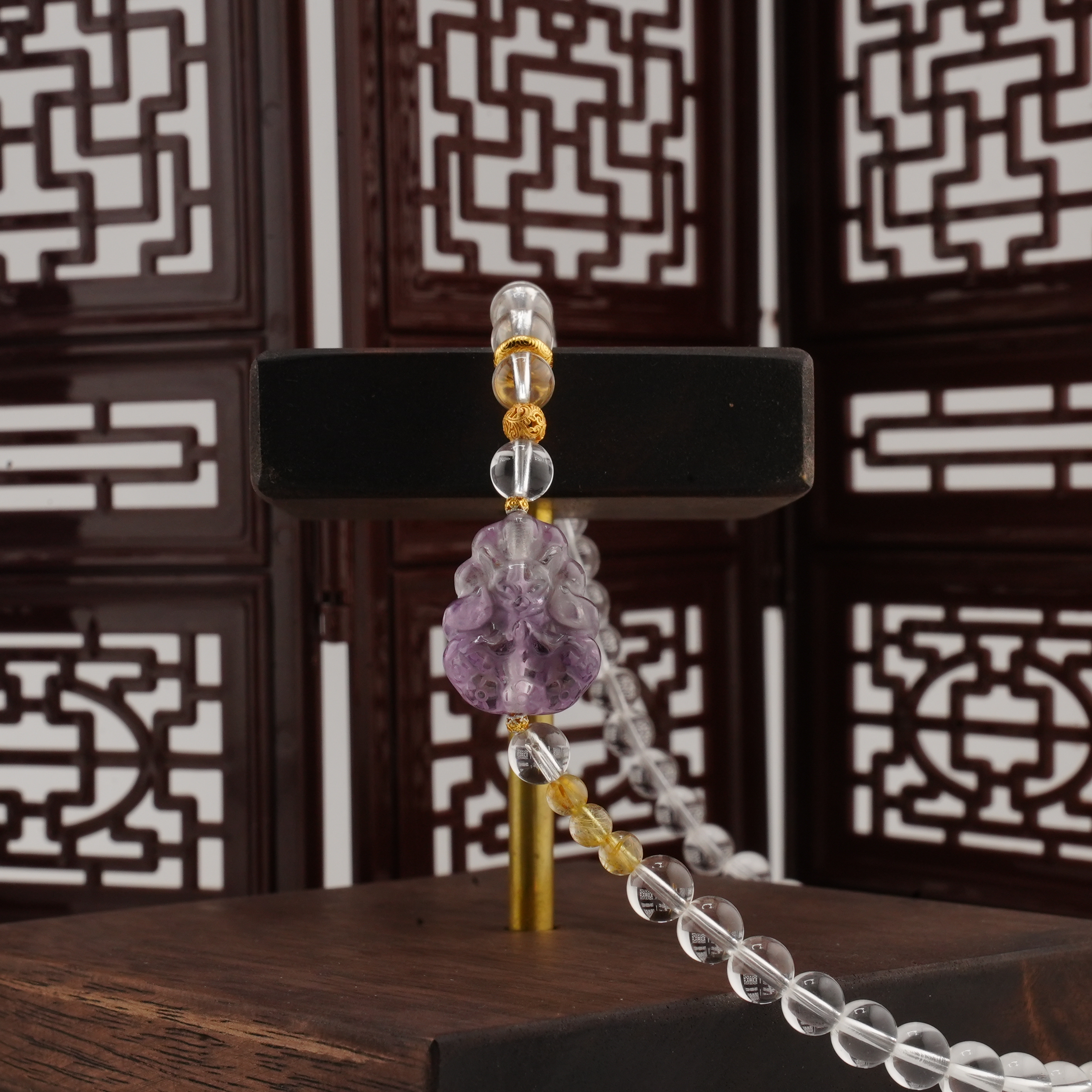 【普陀山书院】925银白水晶紫水晶凤九发晶招财手串