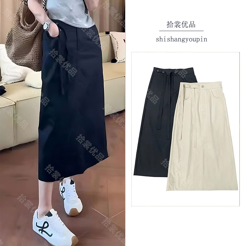 【飘带设计】2025新款夏季通勤高腰显瘦后开叉系带直筒半身裙中长款