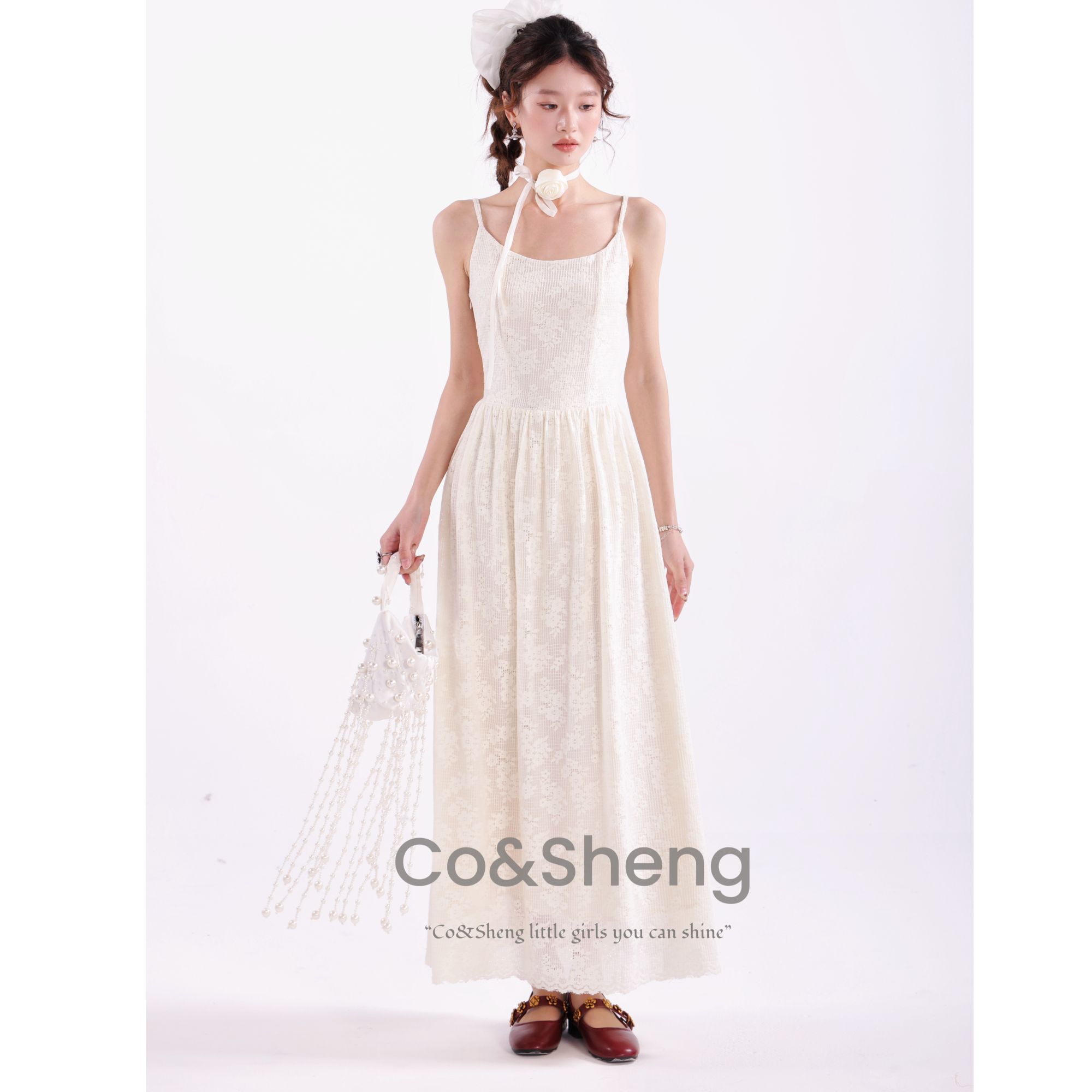 CO&SHENG小个子定制方块提花吊带连衣裙A字高腰修身显瘦春夏甜美