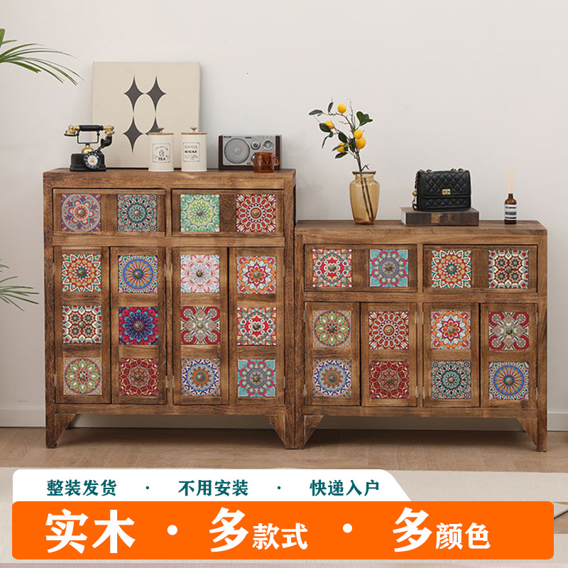 实木鞋柜多层大容量储物柜带画多功能置物柜加厚实木展示柜高承重