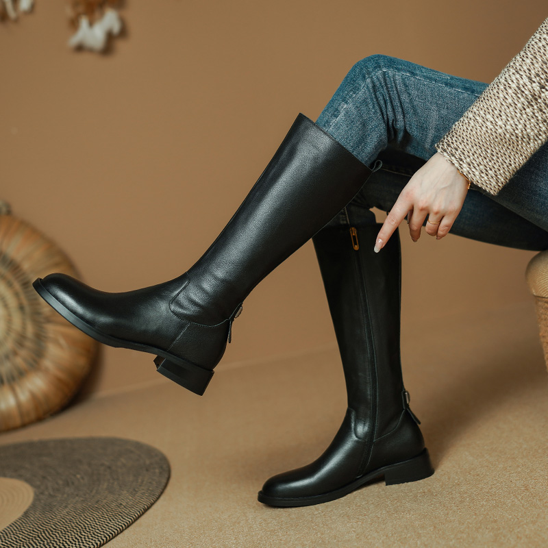 牛皮3.5厘米34-40秋冬简约复古瘦瘦靴百搭弹力厚底长筒靴真皮长靴