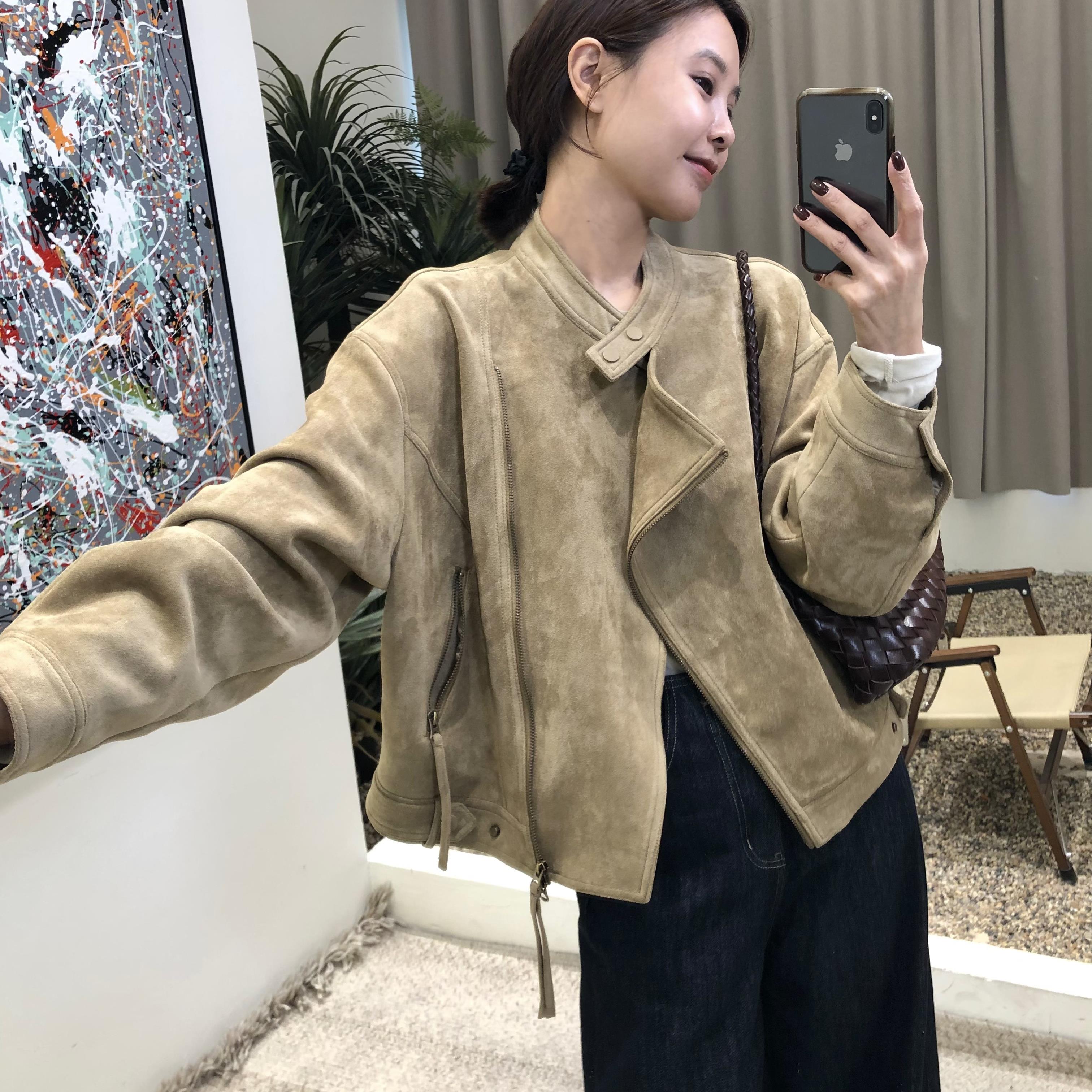 冬季韩系复古立领2025休闲百搭长袖纯色时尚斜拉链仿皮绒女士外套