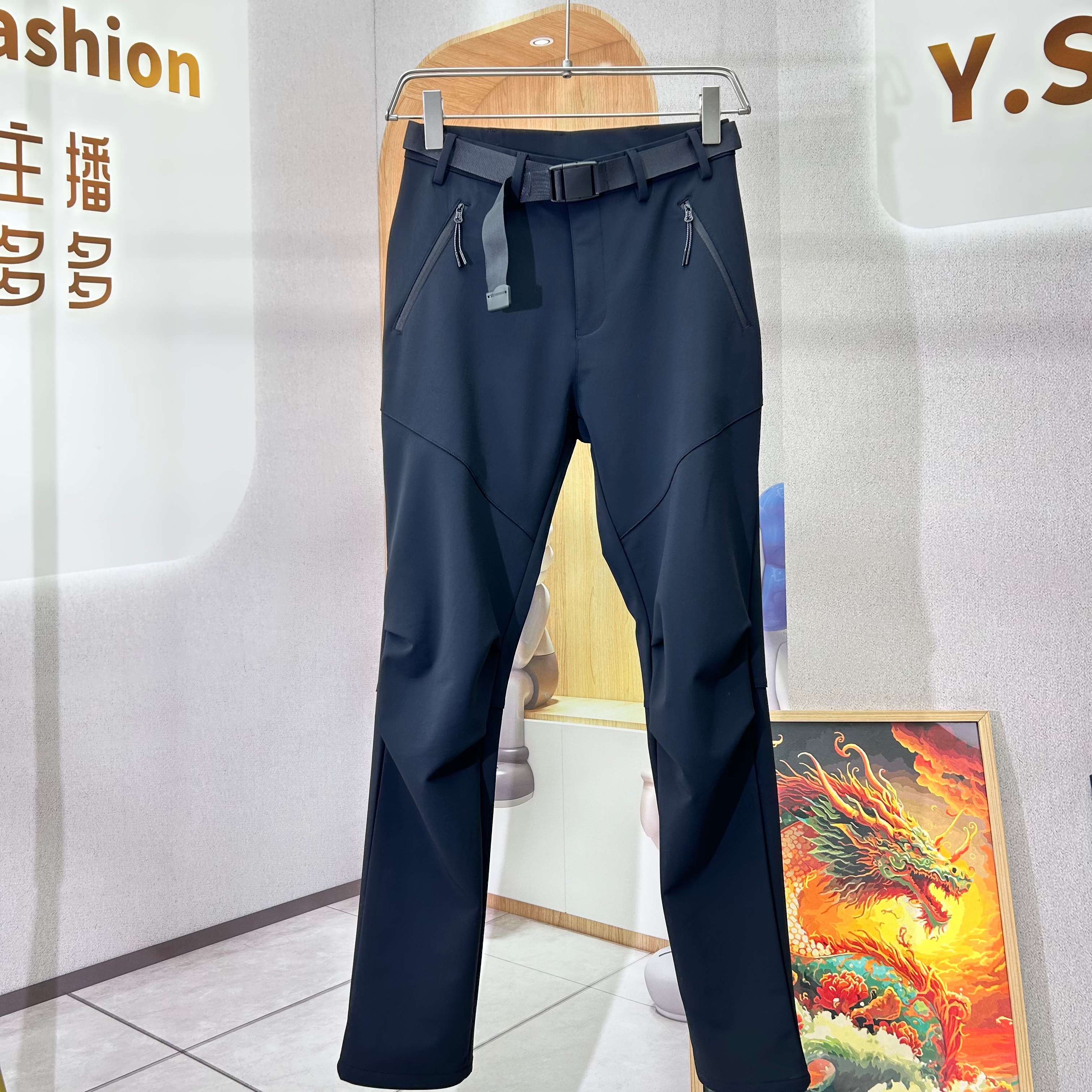 Y夏季男士户外休闲裤直筒透气高弹力高腰百搭黑色腰带款