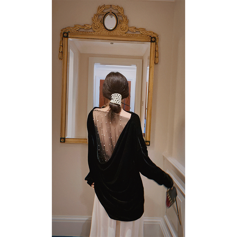 yanyan【露华浓】复古丝绒网纱露背小衫显瘦气质女神优雅珍珠上衣女