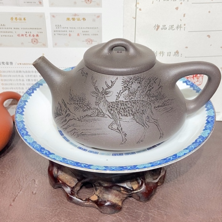 汪***期茶壶紫砂全手天青容量