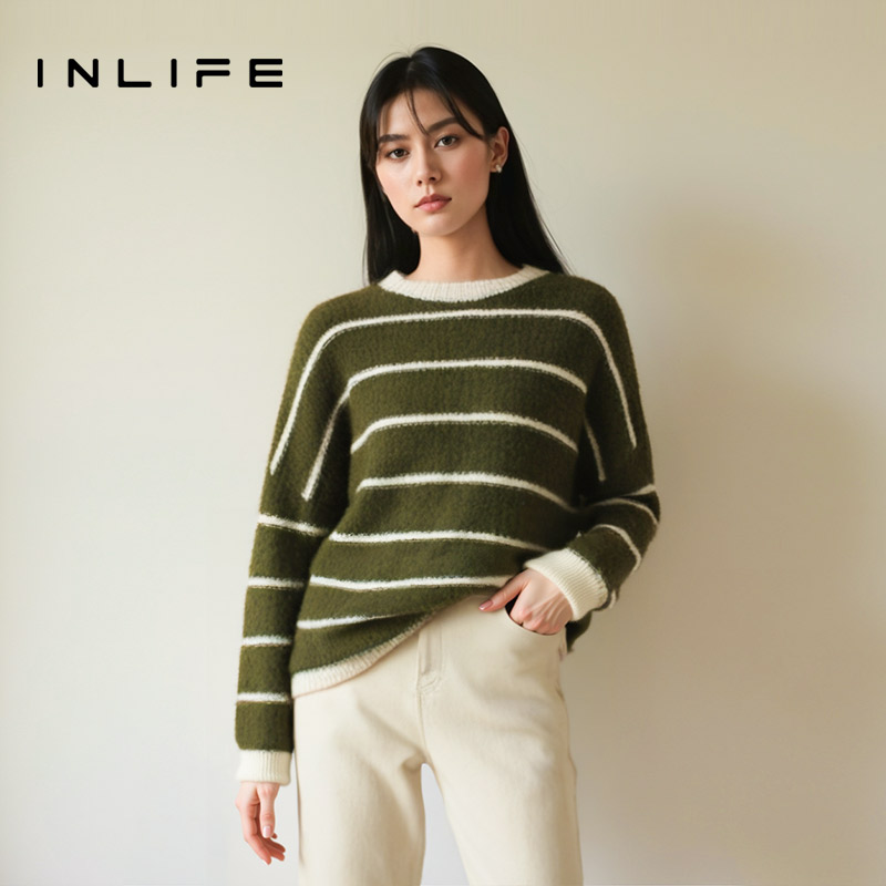 [粉丝专享]inlife复古条纹撞色毛衣女慵懒加厚保暖针织衫宽松上衣