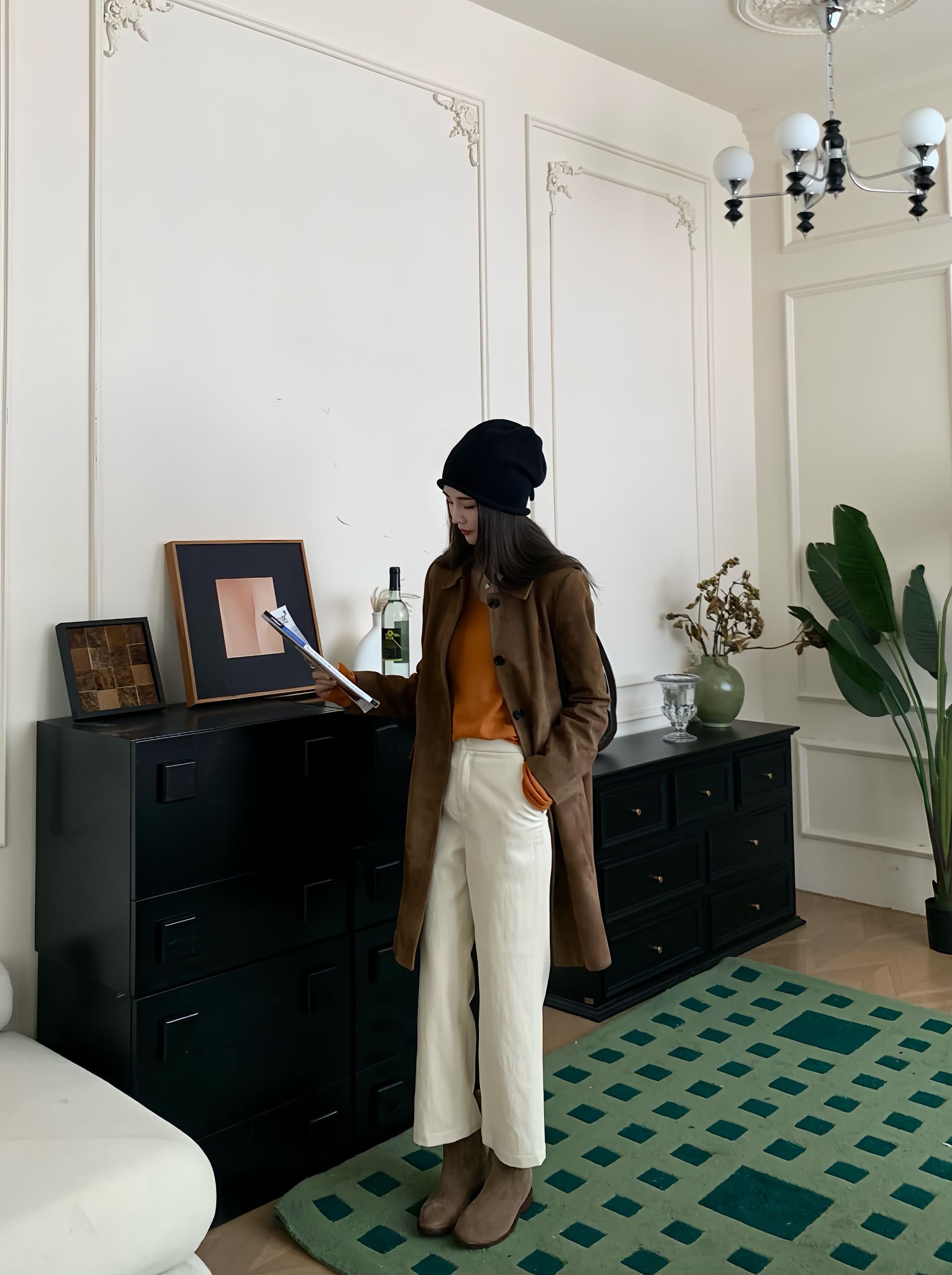 NINGLYNN STUDIO蛋白皮高级感皮裤阔腿裤女新款秋冬直筒裤360010