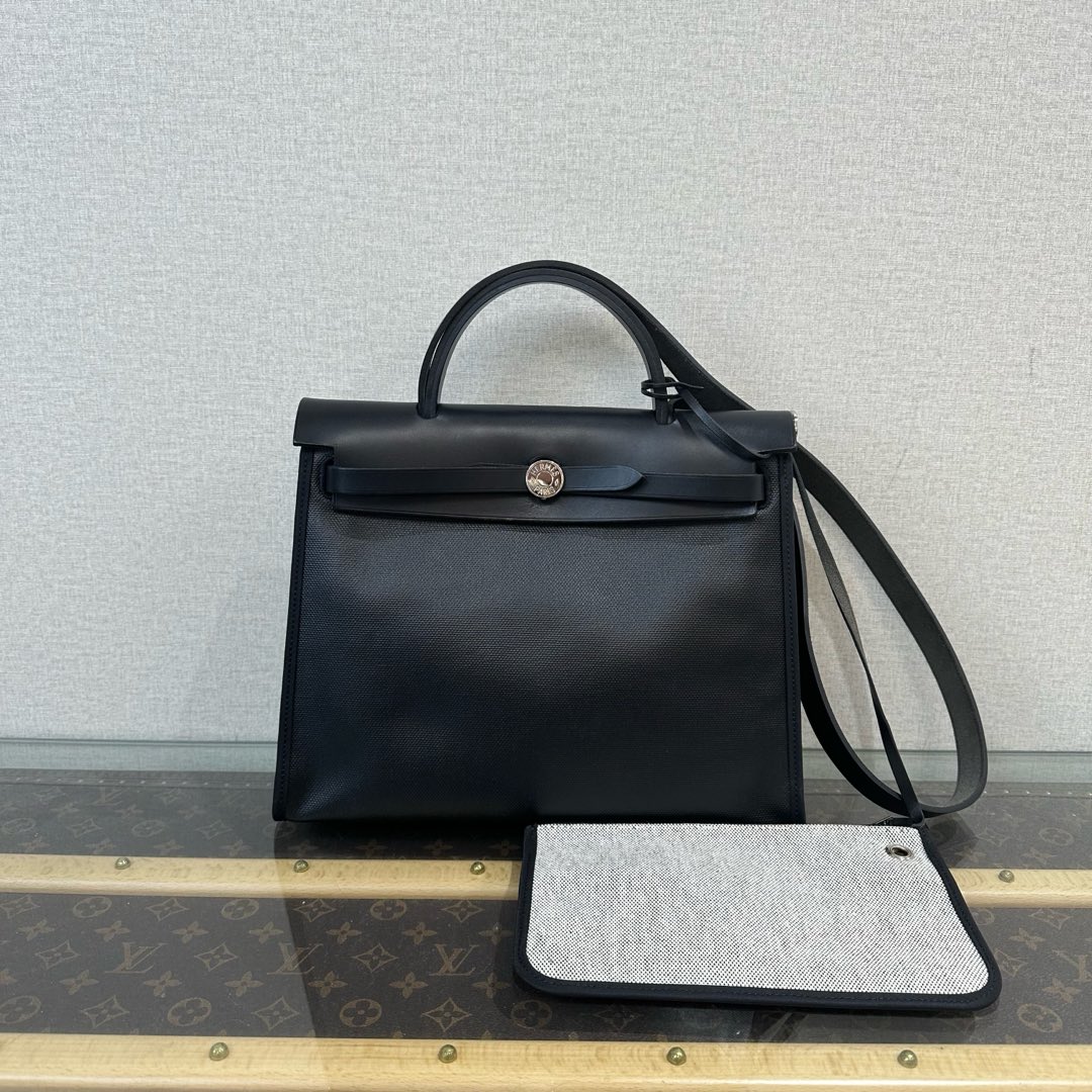 95新 Hermes/爱马仕 黑银防水布herbag31子母手提斜挎包 81987