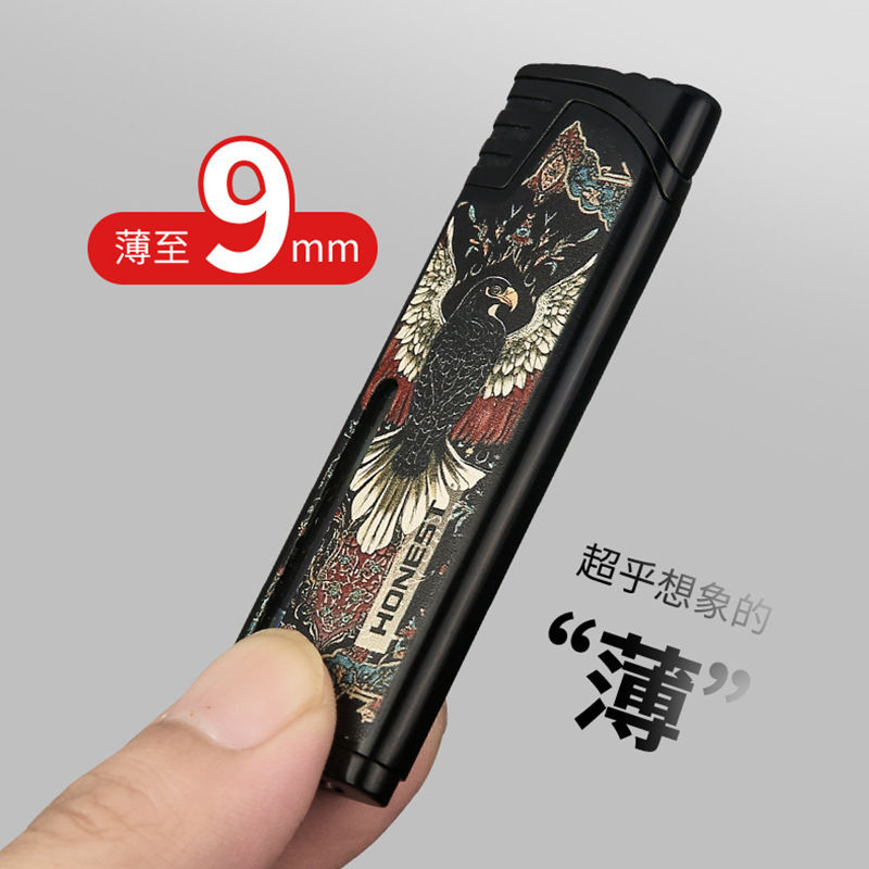 百诚银灵超薄防风直冲红焰个性彩印充气打火机