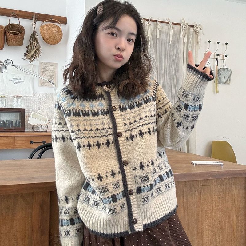 复古提花圆领针织开衫女早春季慵懒风圆领毛衣外套高级感宽松上衣