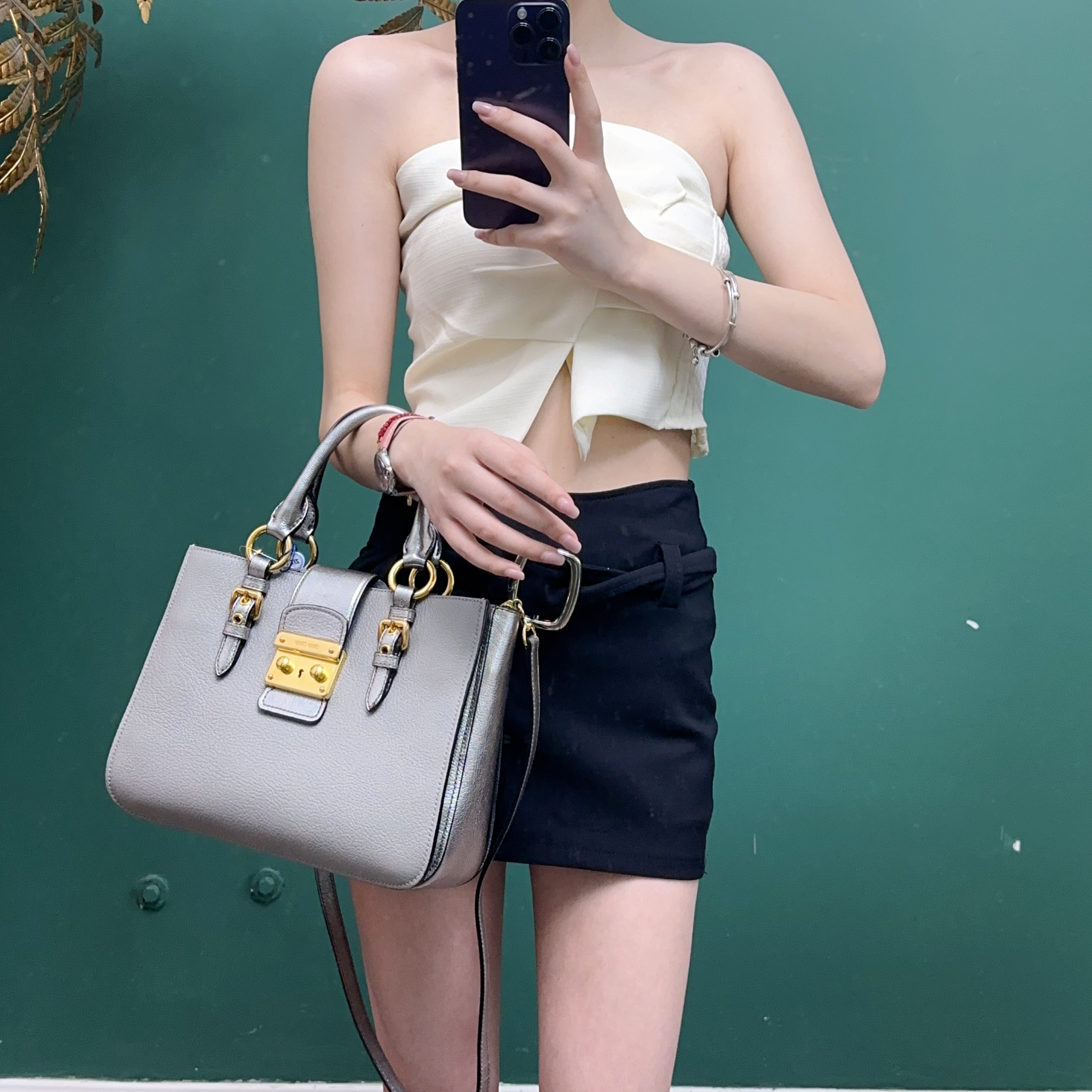 95新 MIU MIU/缪缪 灰面双拼银边手提单肩斜挎包 TH655