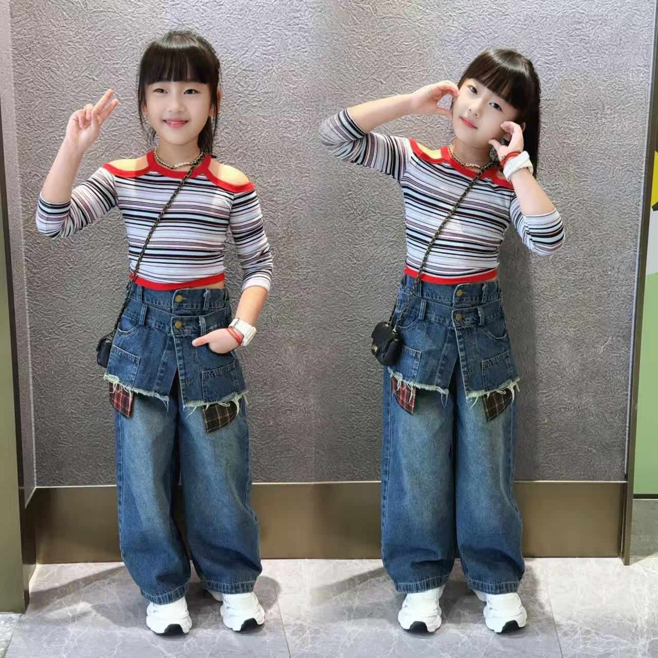 女童秋装套装2025新款中大童时髦牛仔裤春秋季网红露肩上衣两件套