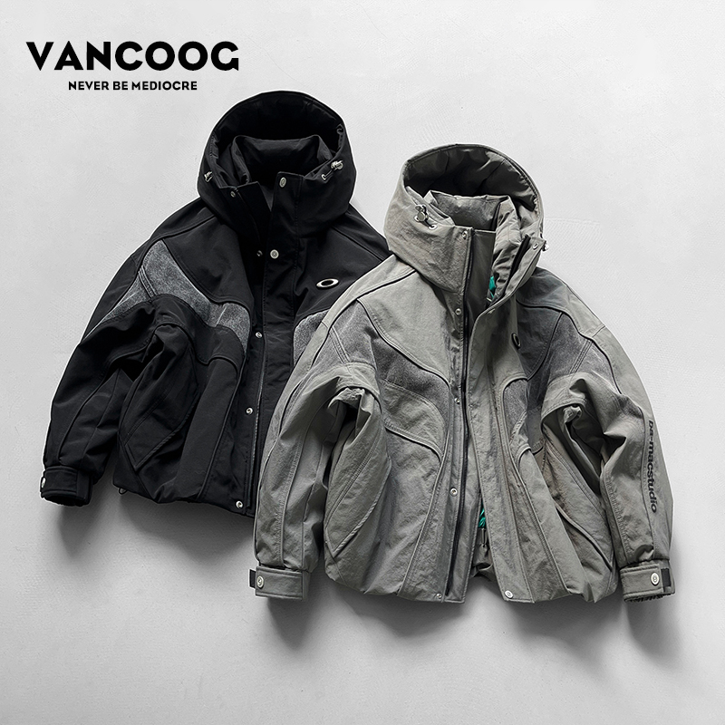 凡购冬季潮牌宽松连帽短款工装外套保暖加厚派克服白鸭绒羽绒服男