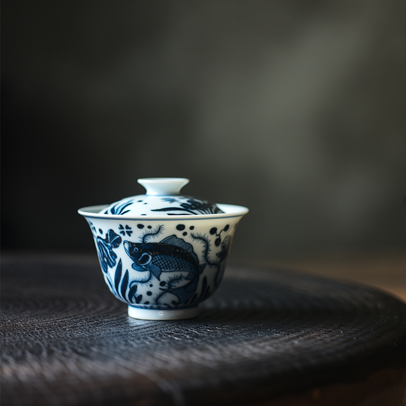 云由山坊手绘仿元青花鱼藻纹盖碗 陶瓷茶碗复古茶具景德镇茶具