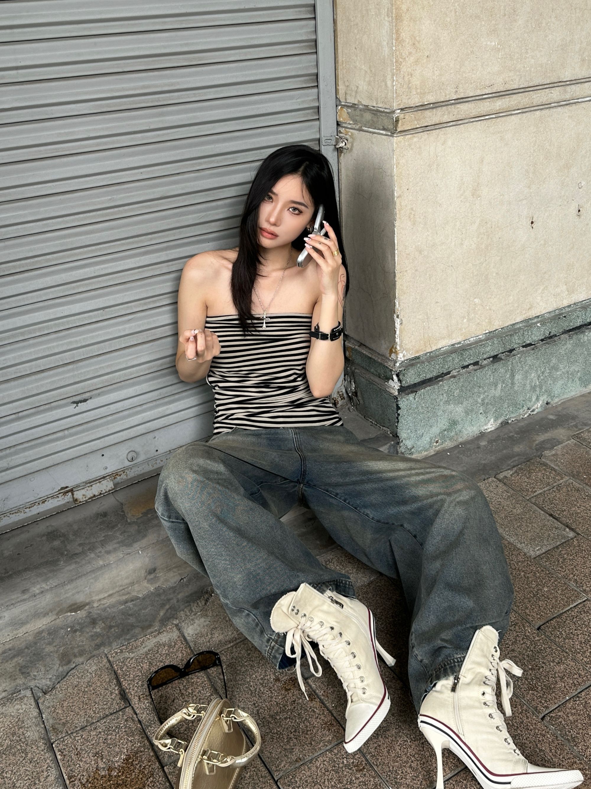 【方不余feel vibe】复古风街头脏染设计感中腰阔腿直筒拖地牛仔裤