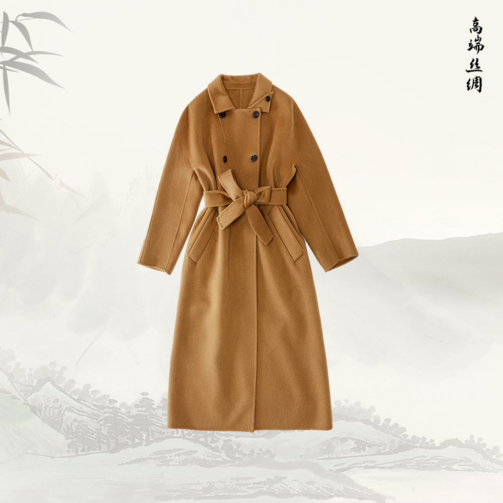新款羊绒羊毛排扣双面翻领秋冬长款系腰带大衣53203