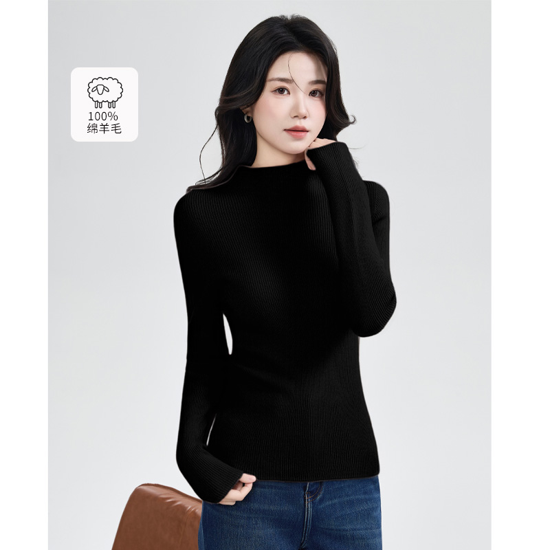 茵曼100%绵羊毛休闲打底衫女半高领女针织衫新款时尚洋气百搭女装