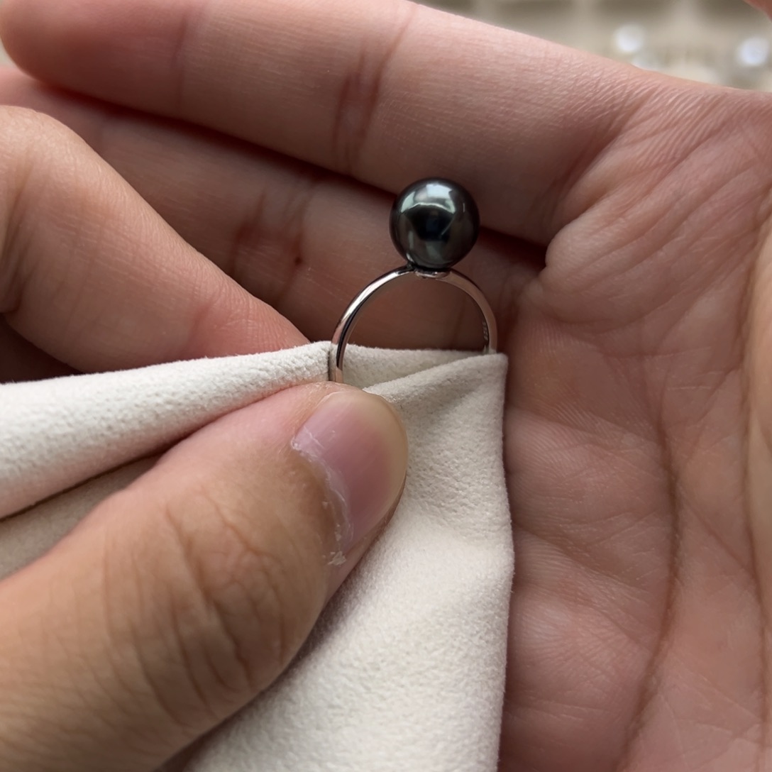 银S925镶嵌戒指海水珍珠9mm正圆海水大溪地孔雀绿戒指