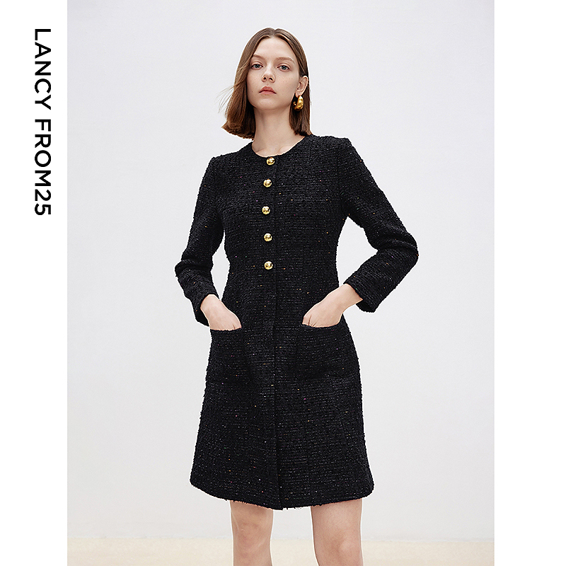 P062【赵老板】朗姿赫本风高级感气质长袖a字裙法式黑色收腰连衣