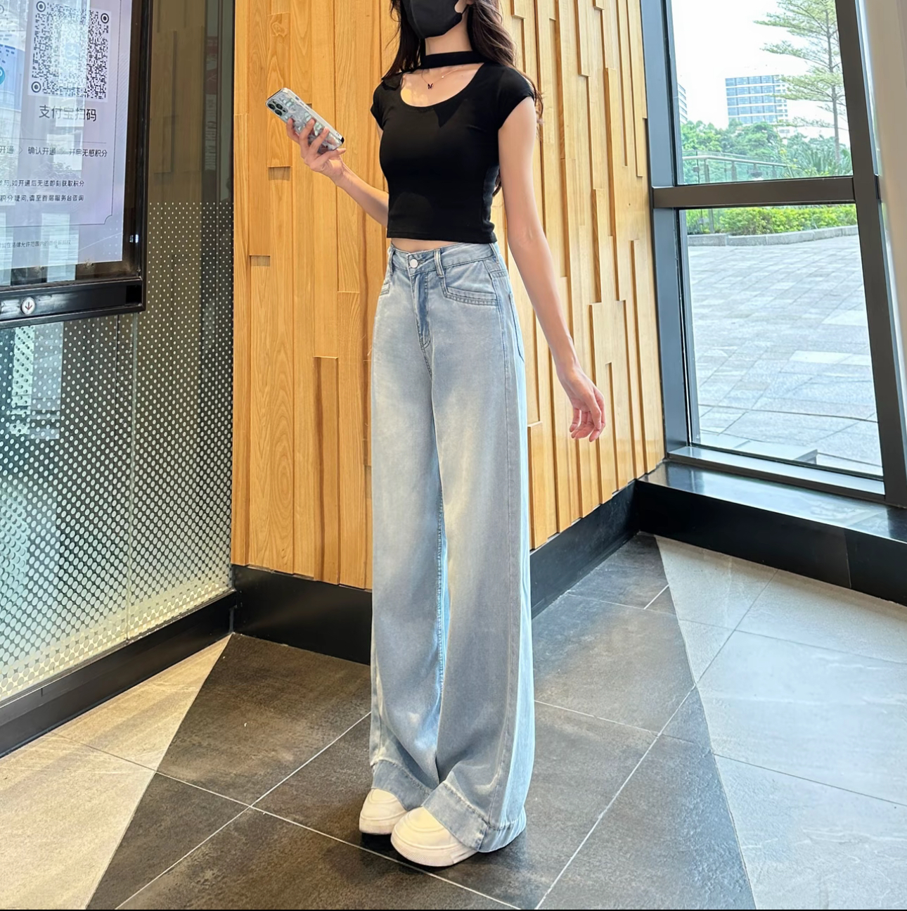 2025春夏冰川蓝窄版阔腿无弹高腰牛仔垂坠直筒裤