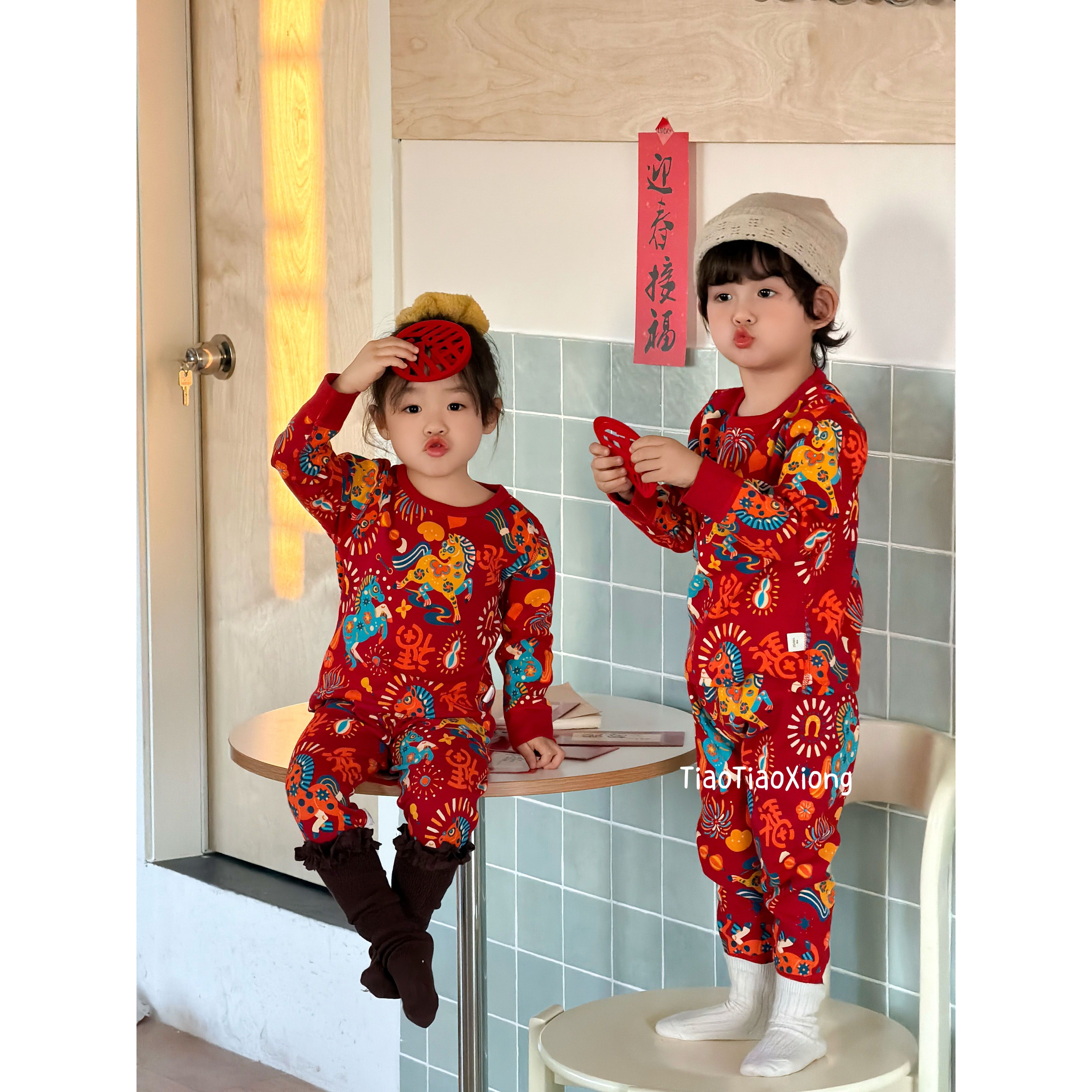 300g拜年服儿童加厚纯棉无骨保暖家居服亲子新年战袍