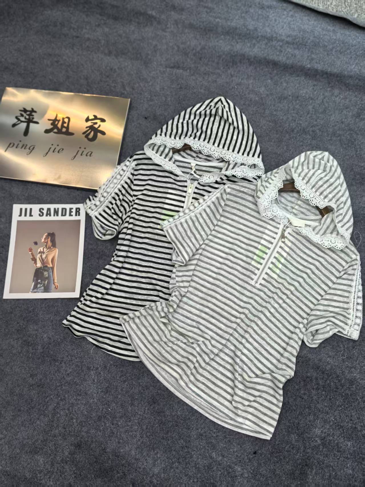 2507欧货拼蕾丝条纹连帽短袖
