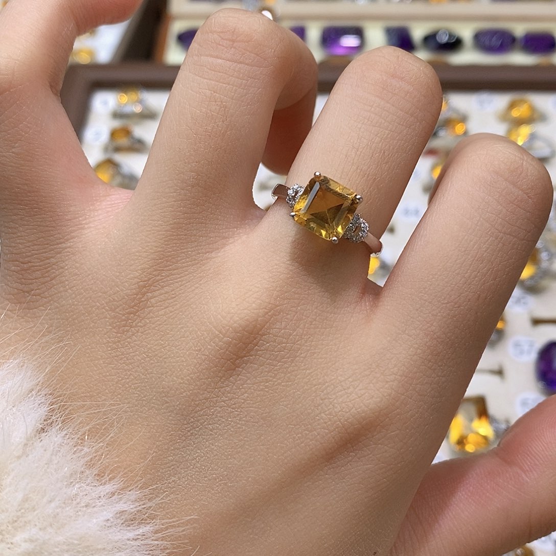 珠宝半成品银S925镶嵌黄晶纯天然黄水晶戒指x