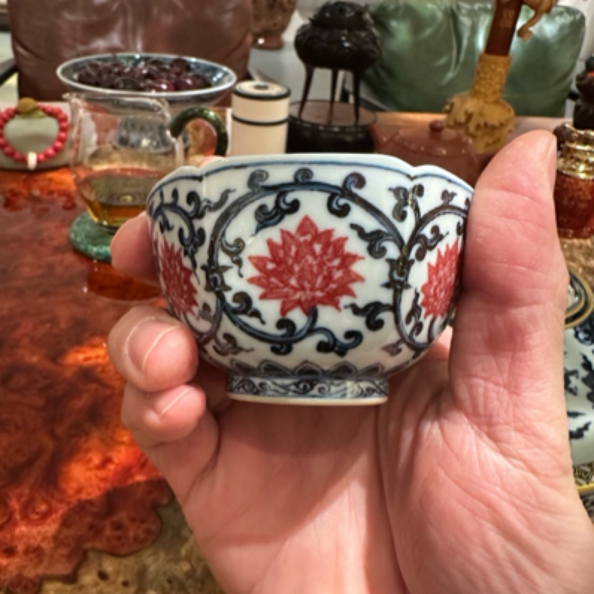 青花釉里红 6方杯