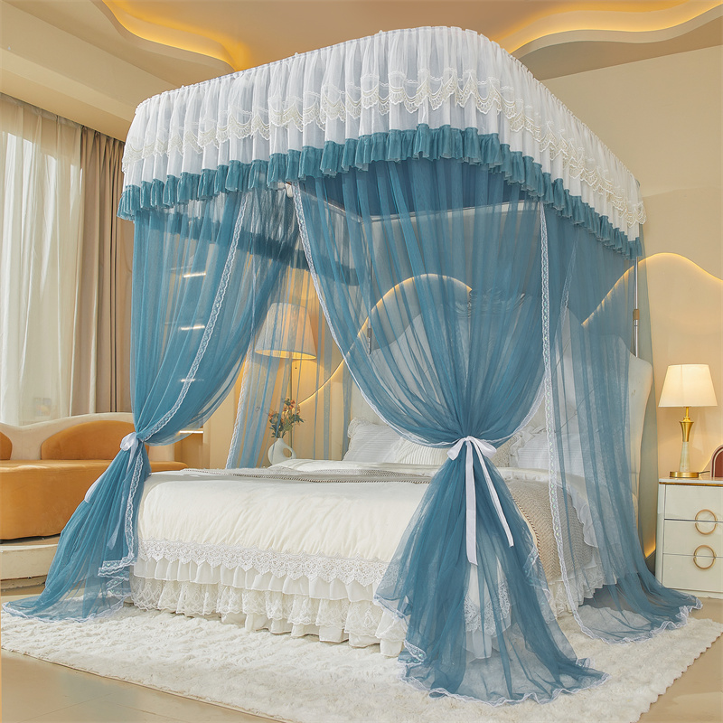 新款双导轨支架防尘顶部落地款蚊帐家用铝合金钓鱼竿蚊帐纯色夏季