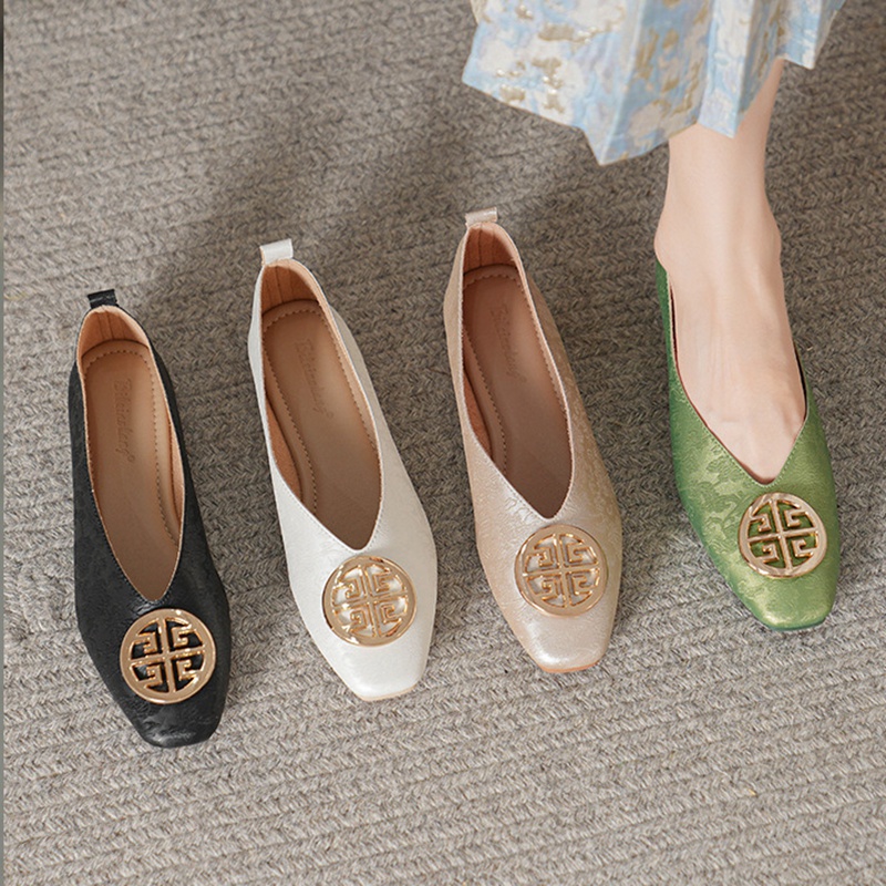 羊皮~新中式古风雕花平底V口圆形扣方头单鞋皮鞋软面一脚蹬懒人鞋